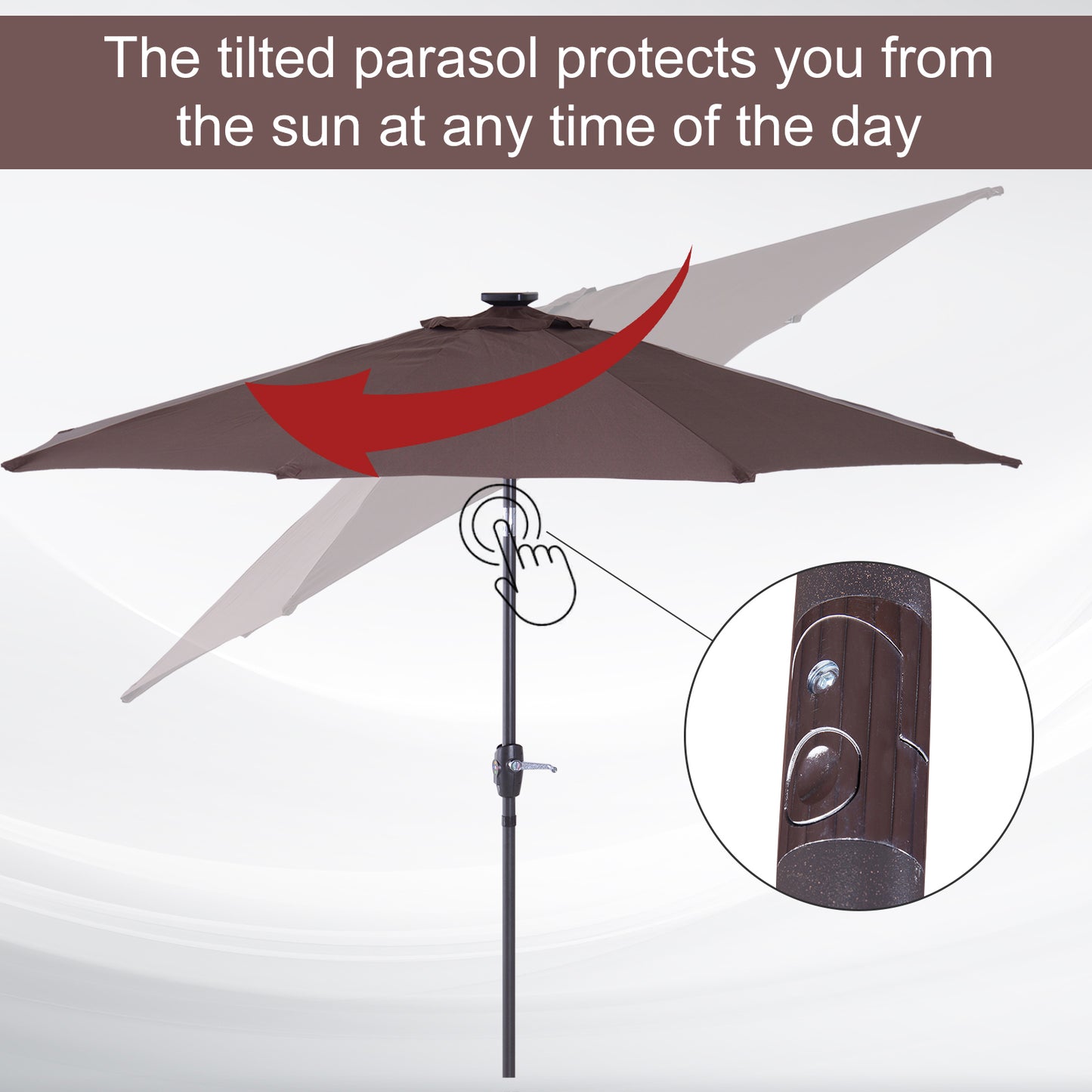 Outsunny Umbrella Parasol 24 Solar LED Light Outdoor Tilt Sun Patio Club Party Event Manual Shade w/Hand Crank-Brown/Coffee