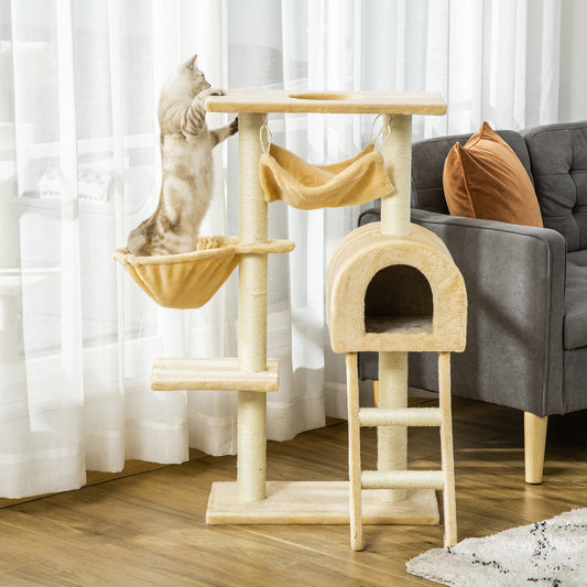 PawHut Cat Tree Tower Kitten Activity Centre Scratching Post w/ Hammock Condo Bed Basket Ladder 98 cm, Beige Center w/Hammock