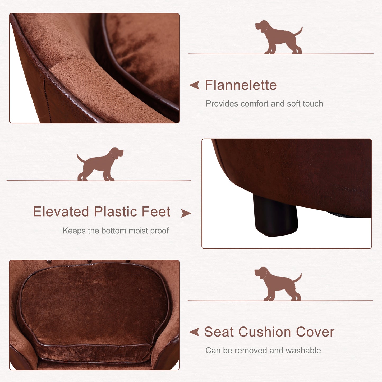 PawHut Dog Sofa Chair with Legs, Pet Couch with Soft Cushion for Small Dogs Cats, Brown, 78 x 57 x 35.5 cm