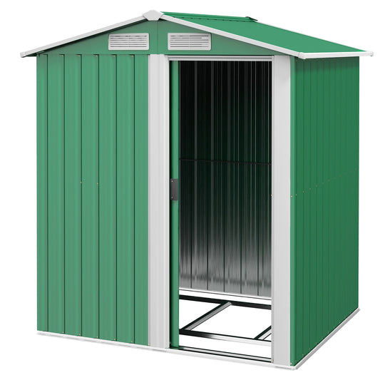 Outsunny Garden Metal Tool Storage Shed with Sliding Door Sloped Roof and Floor Foundation 152 x 132 x 188cm Green