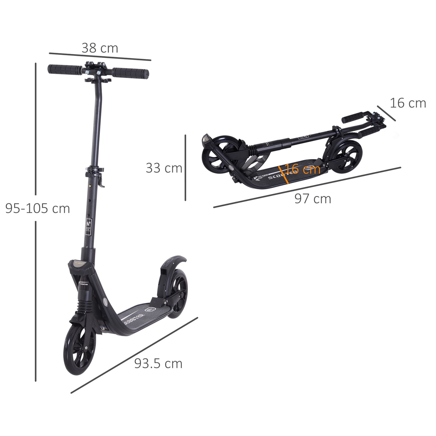 HOMCOM Foldable Kick Scooter, Adjustable Height, 93.5L x 38W x 95-105Hcm-Black