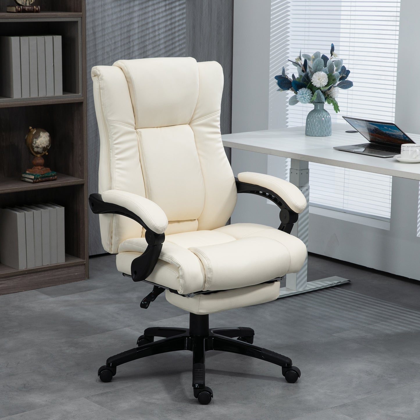 Vinsetto PU Leather Office Chair Swivel Computer Chair with Footrest Wheels Adjustable Height Cream White