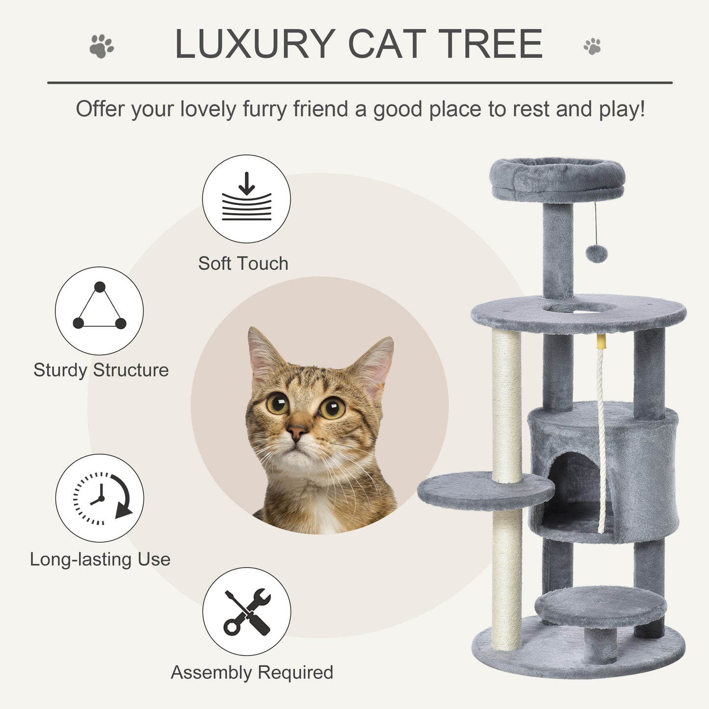 PawHut Cat Tree Tower Activity Center with Hanging Ball Toy Teasing Rope Dark grey