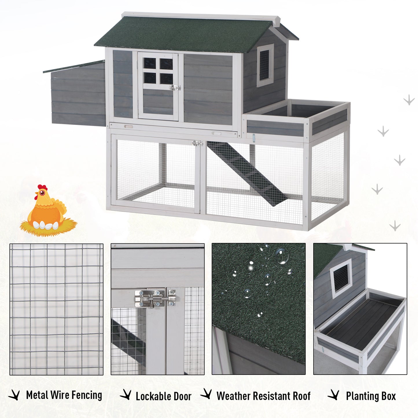 PawHut 160cm Wooden Chicken Coop Hen Hutch Poultry House Nesting Cage Planting Box