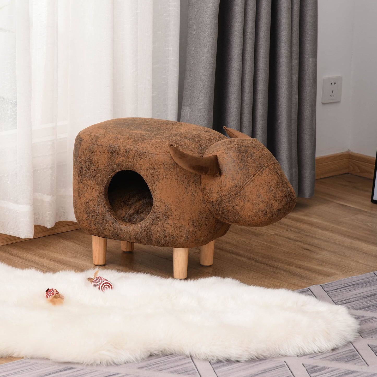 PawHut Pet House Ottoman Cat Bed Footstools Indoor Condo with Cushion, Brown