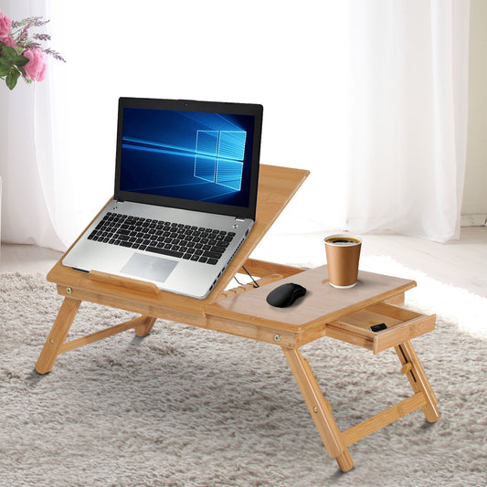 HOMCOM 55Lx35Wx 22-30H cm Portable Bamboo Laptop Desk With Drawer and Adjustable Folding Legs To Use On Bed Desk Sofa Couch-Bamboo