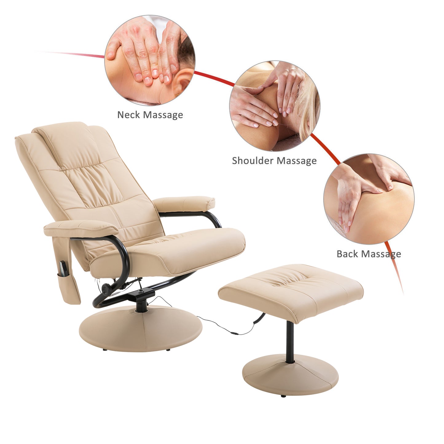 HOMCOM 10 - Point Reclining Massage Chair Faux Leather Armchair Chair W/Footstool - Cream