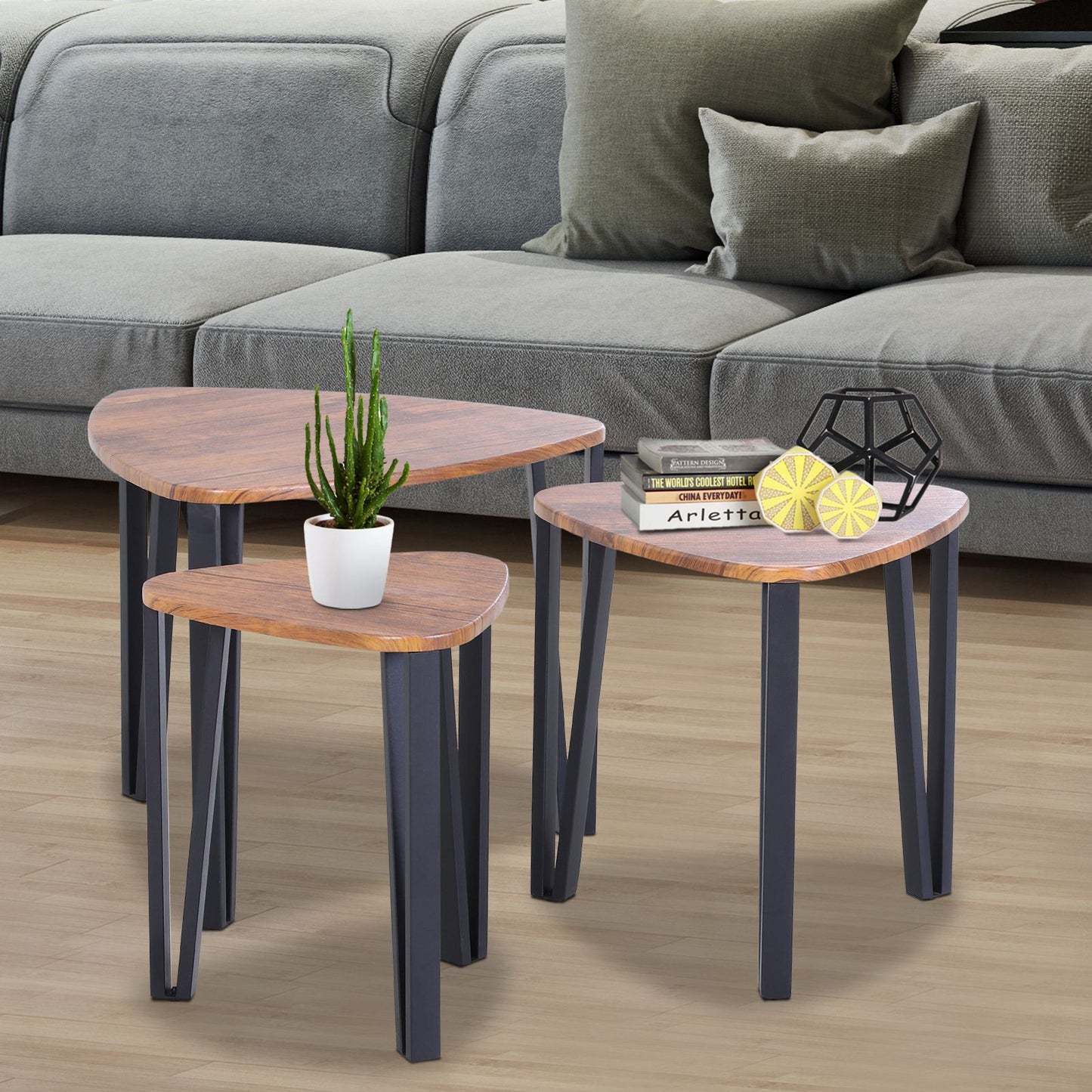 HOMCOM 3 PCs Stackable Coffee Table Set Accent Furniture MDF Steel Frame Walnut