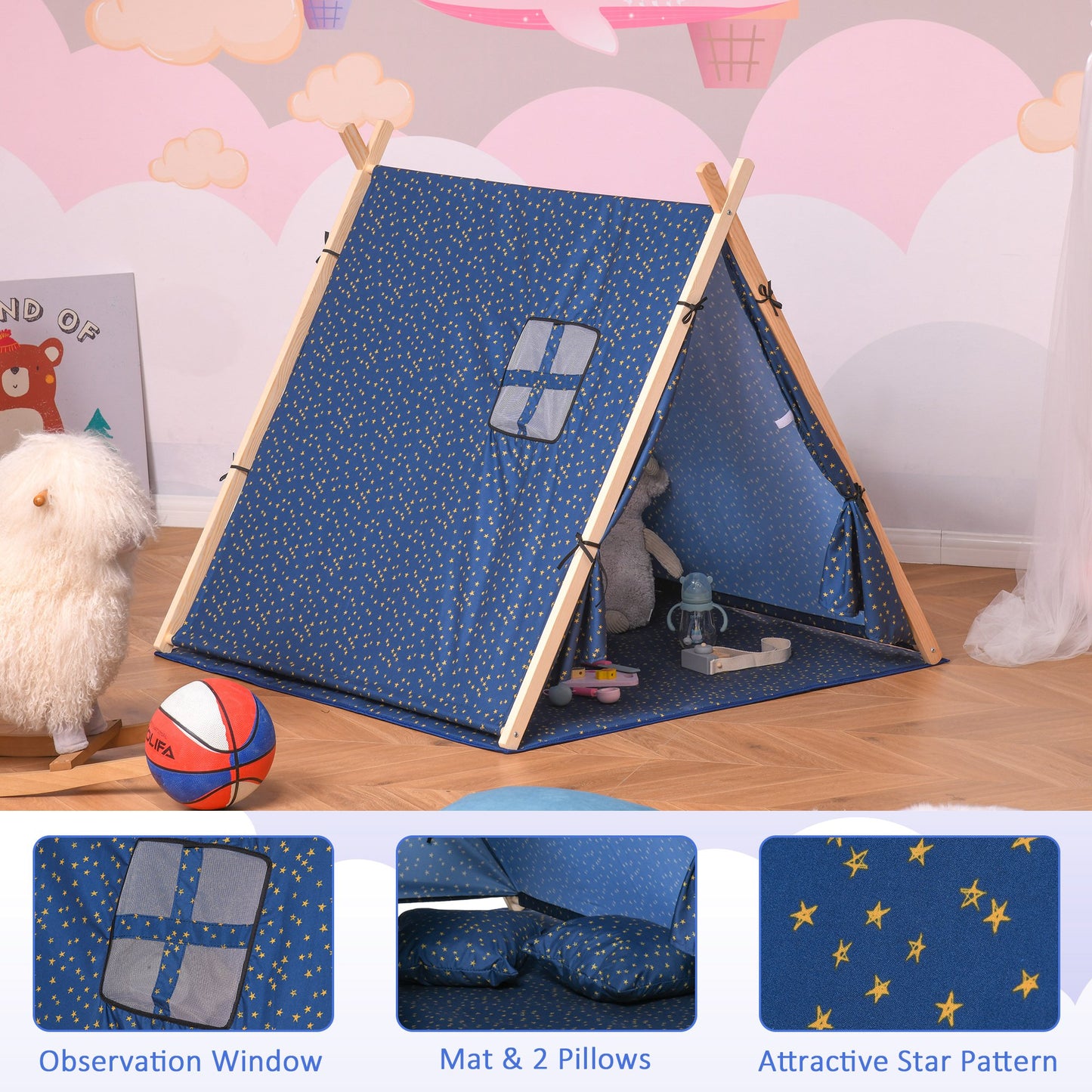 HOMCOM Kids Teepee Play Tent Foldable Playhouse for Boy Girls w/ Mat Pillow Carry Bag