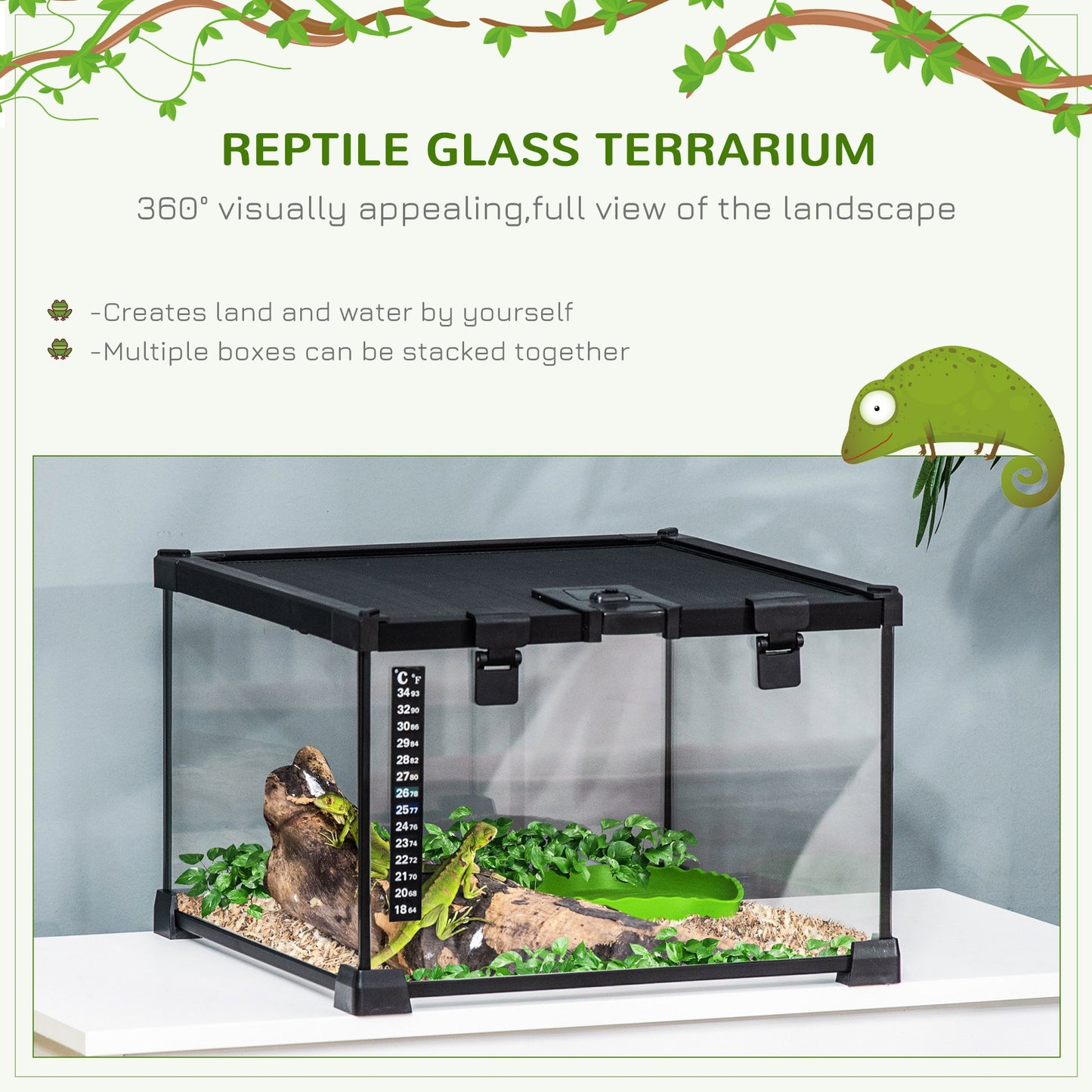 PawHut 30 x 30 x 20 cm Reptile Terrarium for Lizards, Horned Frogs, Snakes, Black