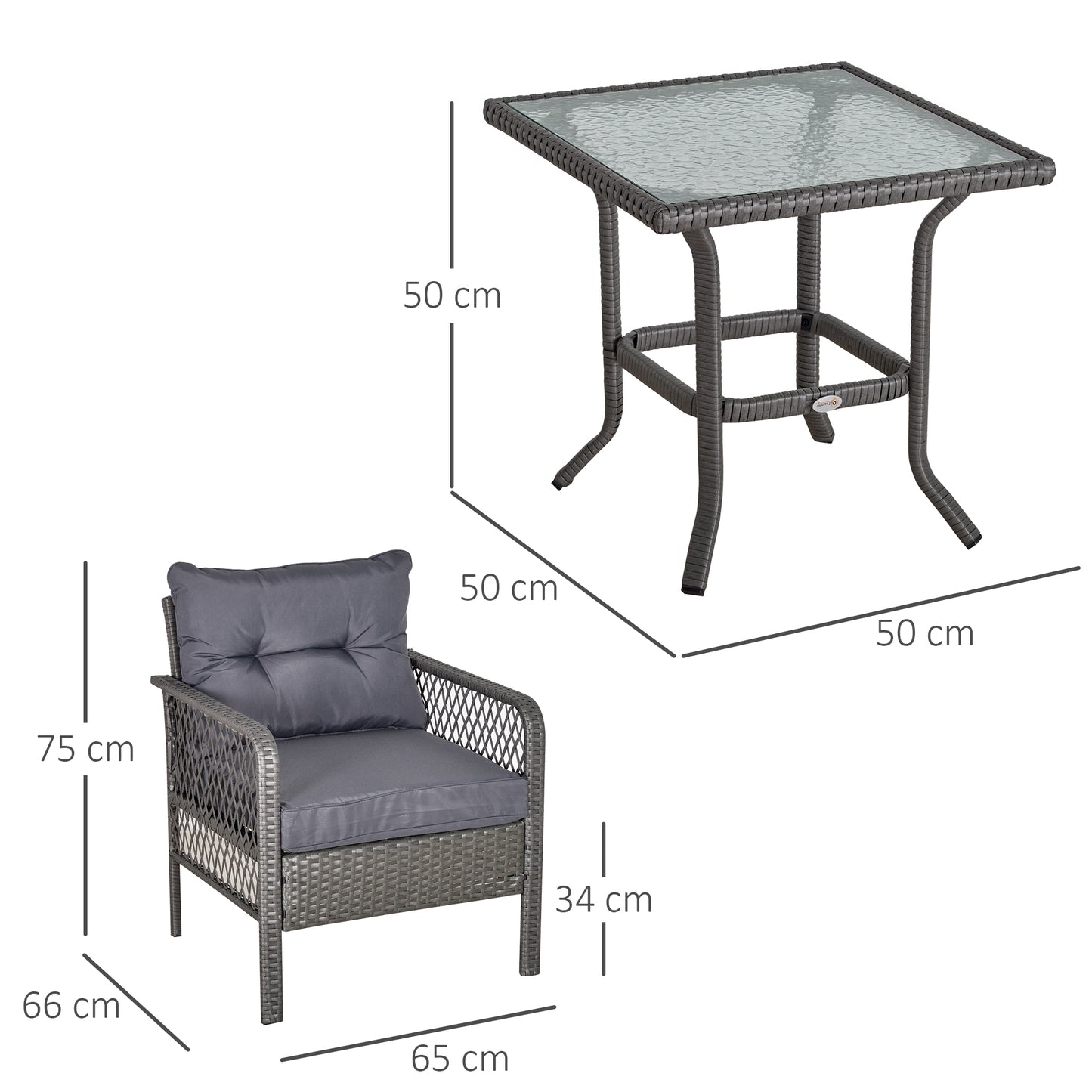 Outsunny 2 Seater Patio Wicker Coffee Table Set, Bistro Conversation Furniture w/ Cushion for Patio, Yard, Porch, Grey PCS Set with