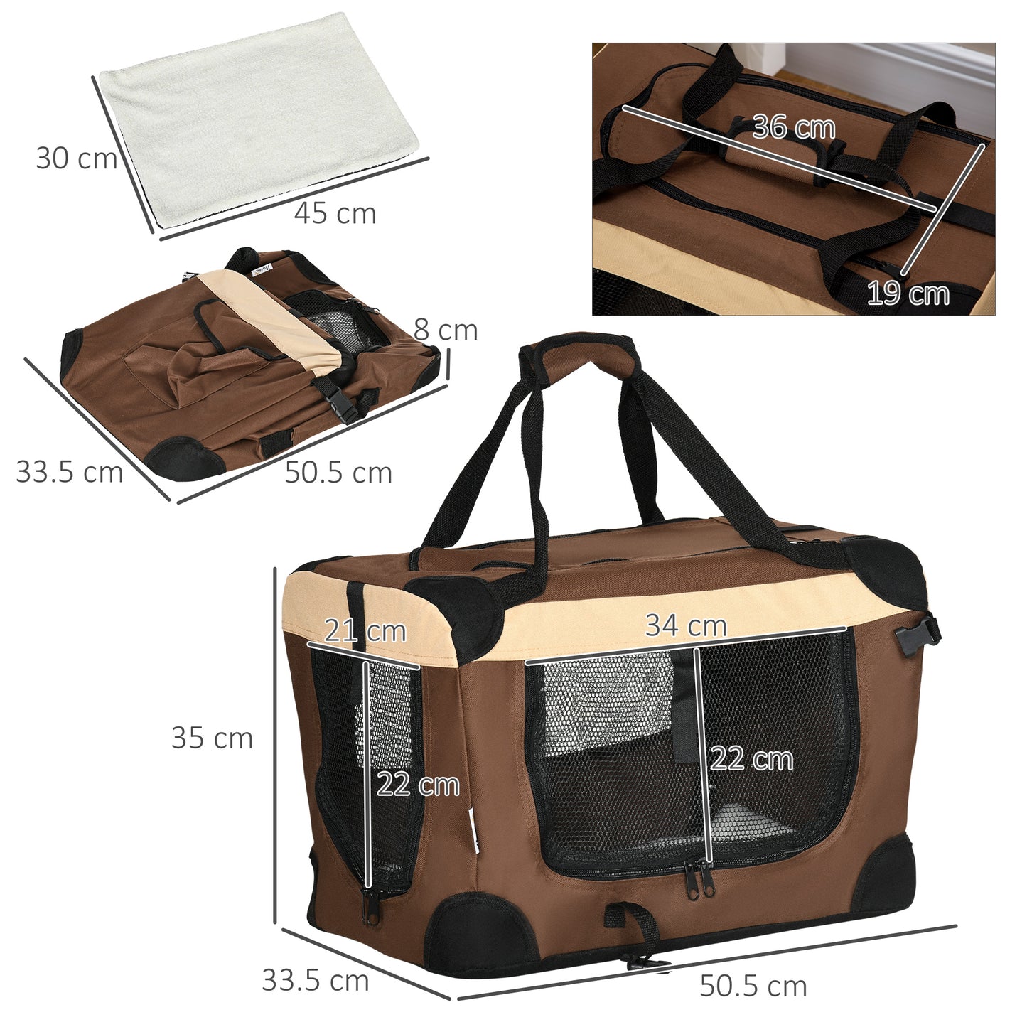 PawHut 51cm Foldable Pet Carrier, Dog Cage, Portable Cat Carrier, Cat Bag, Pet Travel Bag with Cushion, Brown