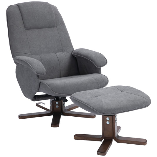 HOMCOM Linen Swivel Recliner Chair with Footstool Upholstered Reclining Armchair with Wooden Base for Living Room Grey