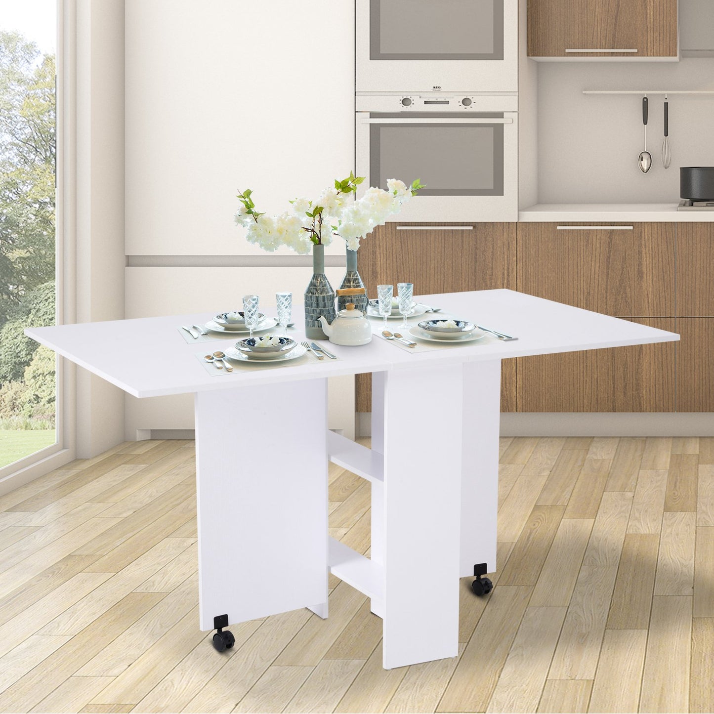 HOMCOM Mobile Drop Leaf Kitchen Dining Table W/ 2 Wheels,  Storage Shelves-White Wood Grain