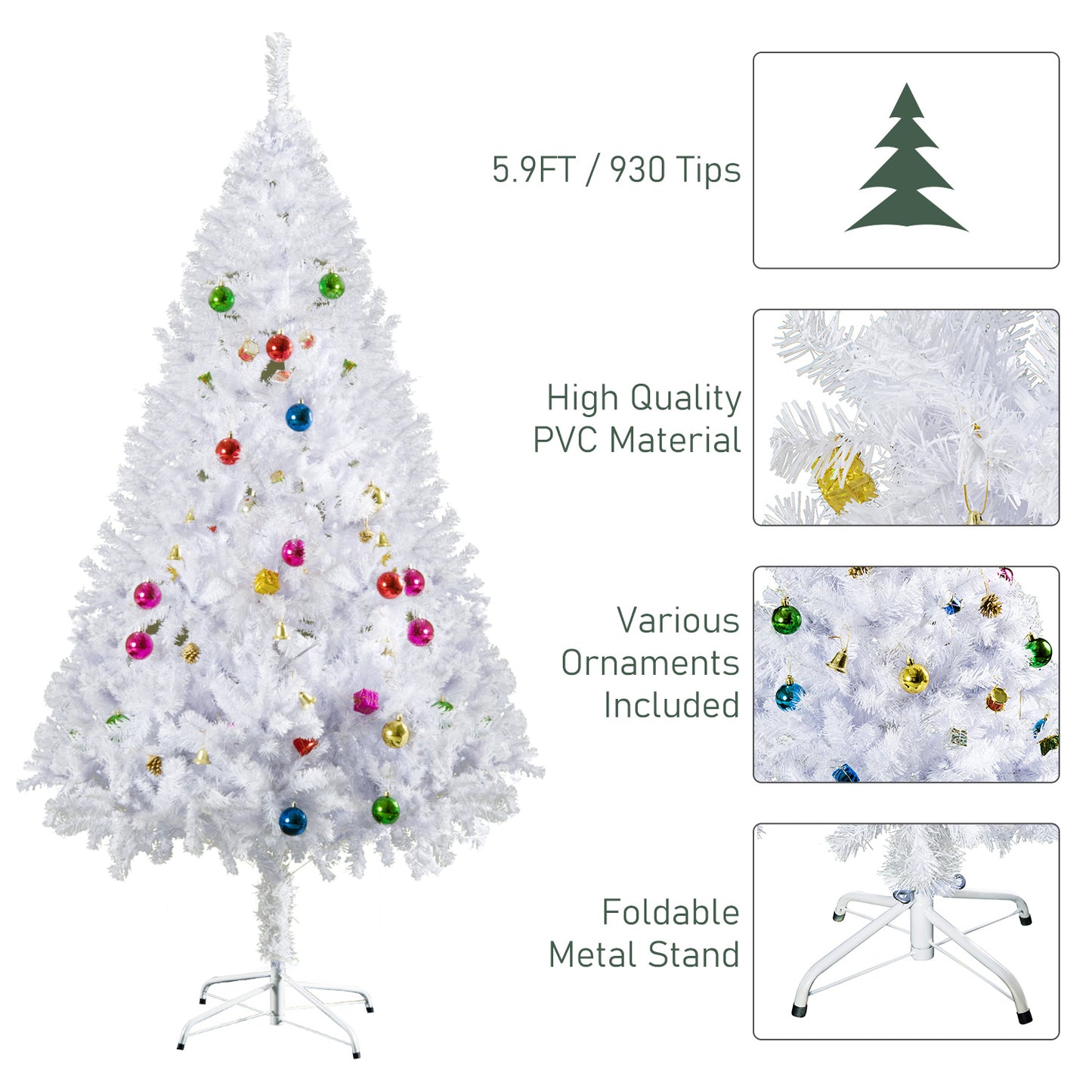 HOMCOM 4.9ft Artificial PVC Christmas Tree w/ Ornaments White