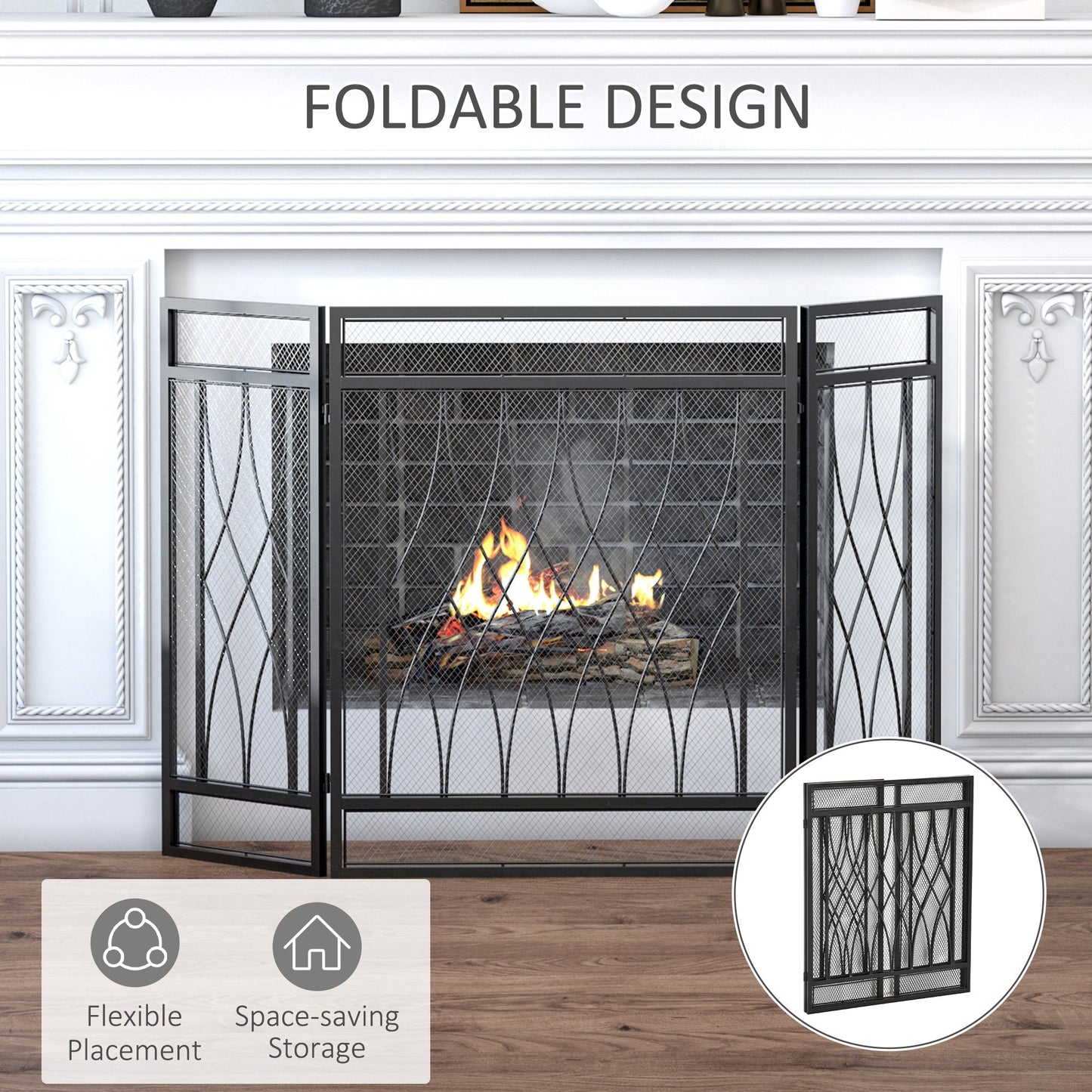 HOMCOM 3-Panel Folding Fireplace Screen, Home Metal Mesh Fire Spark Guard, 126L x 3W x 80H cm-Black