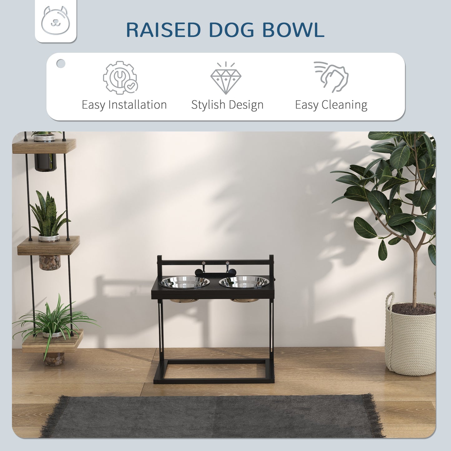 PawHut Dog Bowls with Stand Adjustable Height Elevated Dog Bowls for Small Medium Large Dogs Black