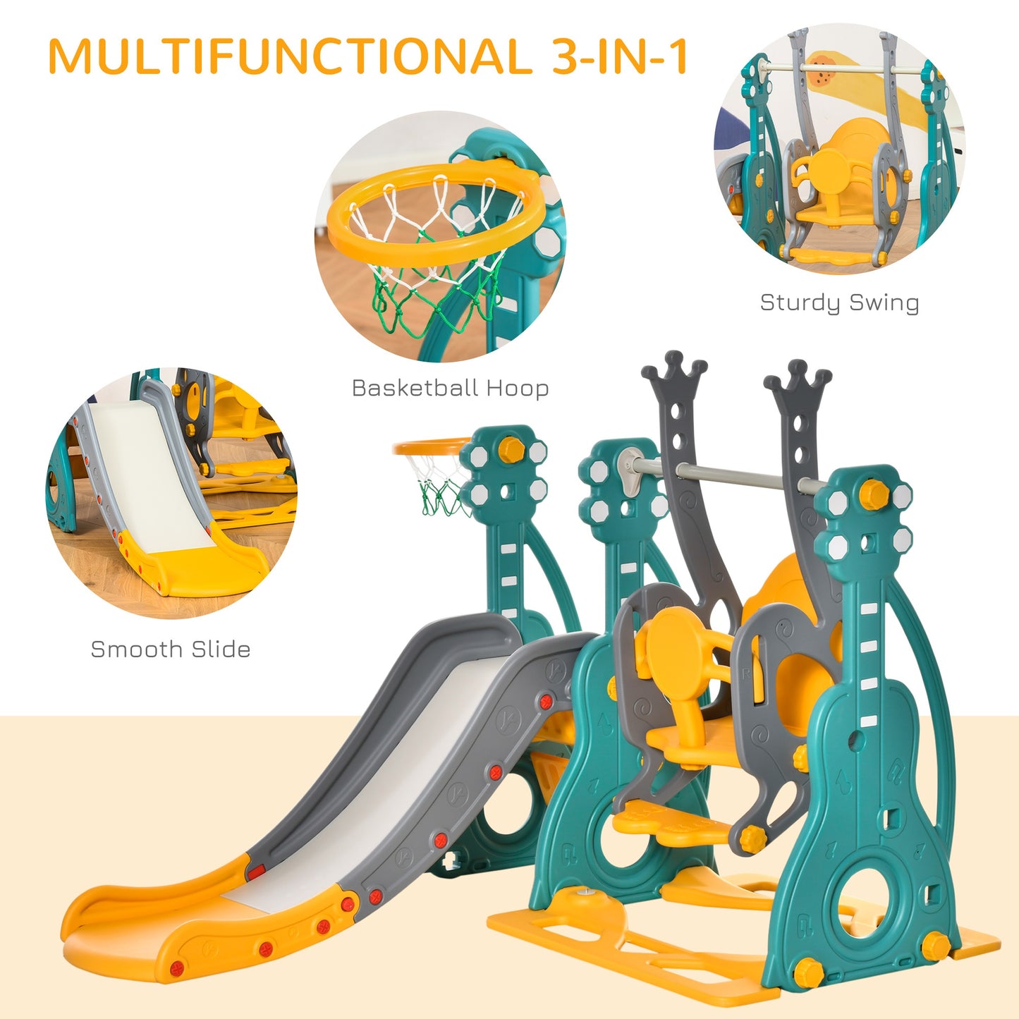 HOMCOM 3-IN-1 Kids Swing and Slide Set Activity Center w/ Basketball Hoop Slide Swing