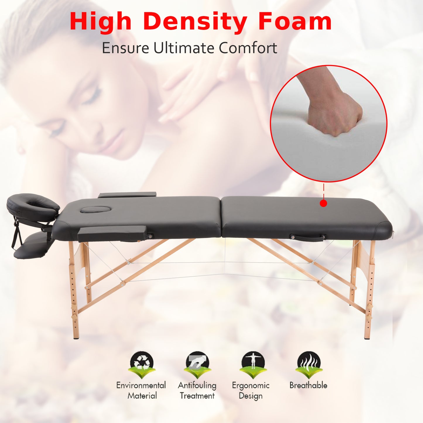 HOMCOM Massage Table Bed Couch Birchwood Lightweight Portable Beauty Bed w/ Arm Rest Black