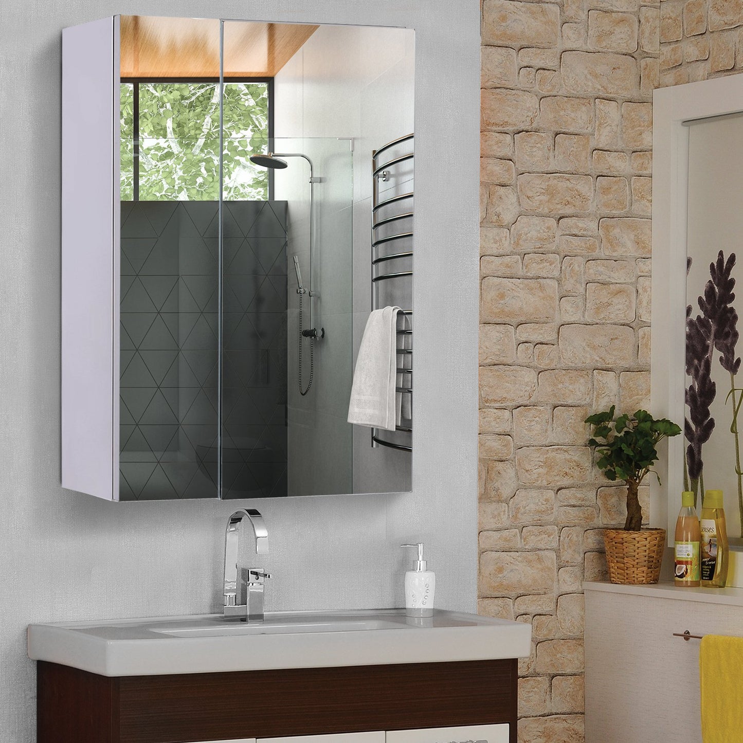 HOMCOM Wall mounted Bathroom Mirror Storage Cabinet Double Doors Stainless Steel, 59x43x16 cm