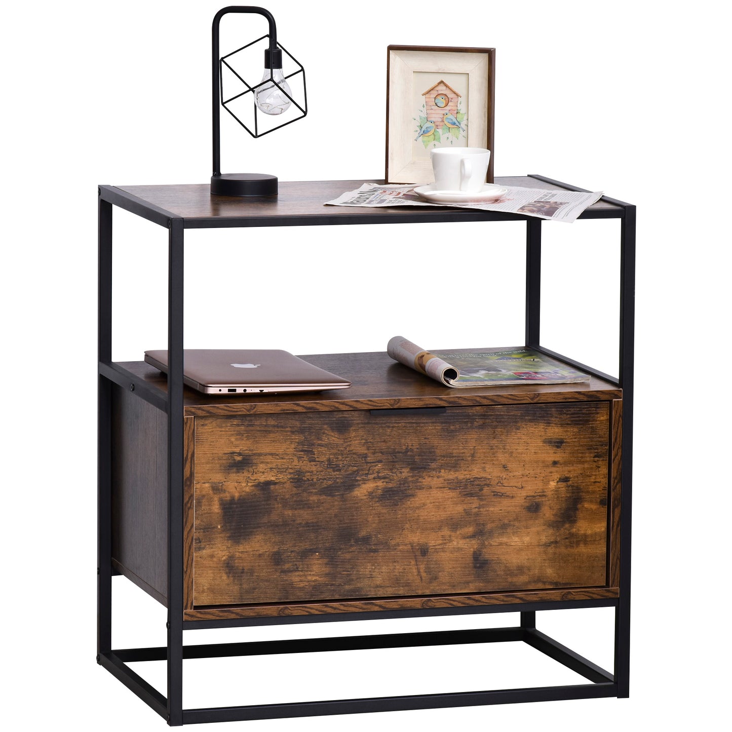 HOMCOM 2 Tier Industrial Style Side Table End Desk Storage Unit with Drawer and Open Shelf