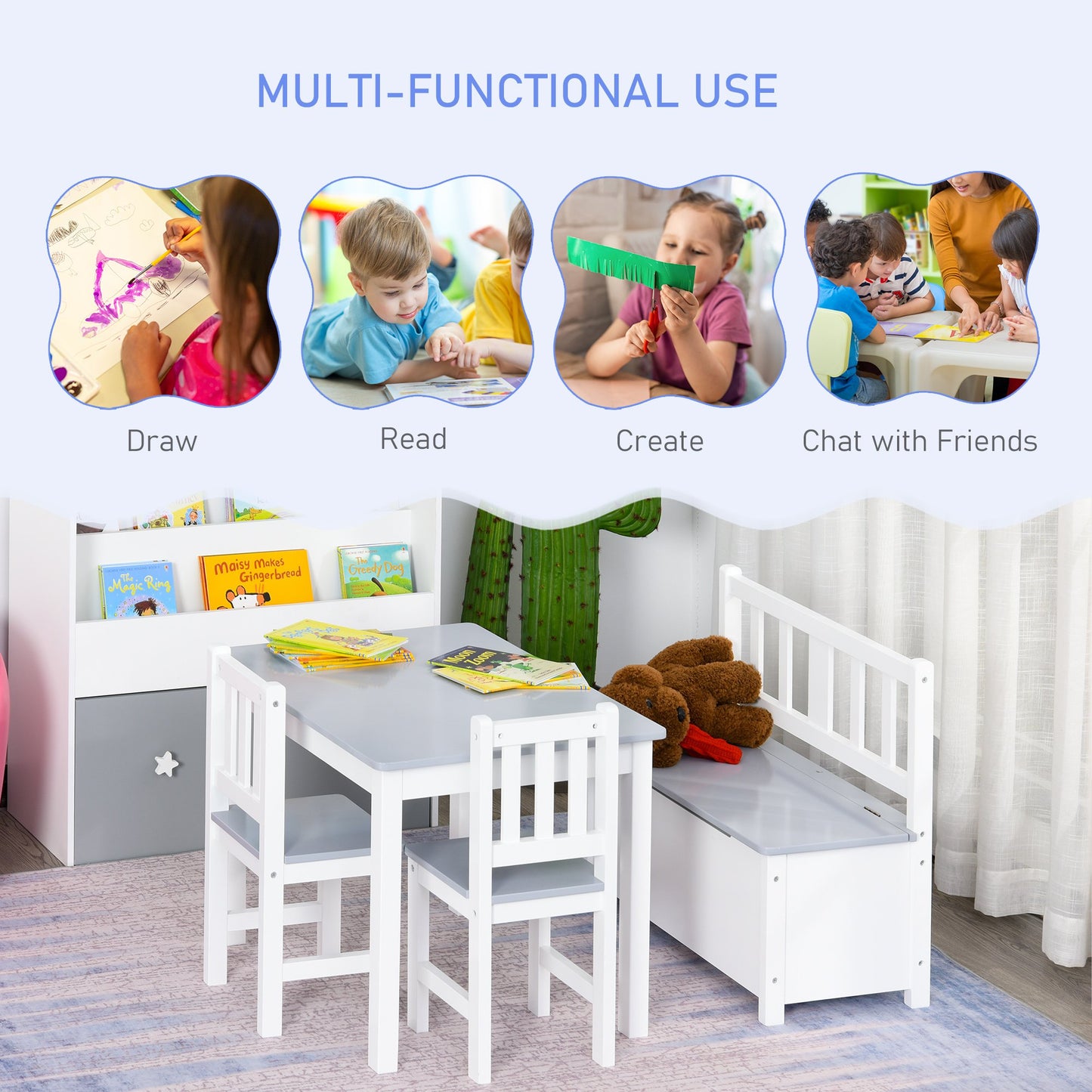 HOMCOM 4-Piece Kids Table and Chair Wood Bench with Storage Feature, Gift for Toddlers