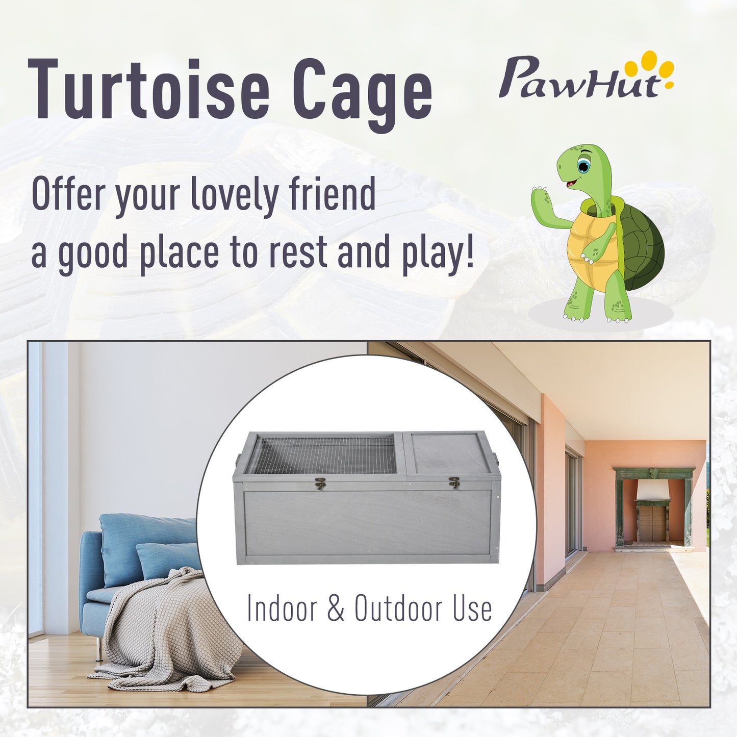 PawHut 94 cm Wood Indoor Outdoor Pet Tortoise House with Two Room Design, Grey