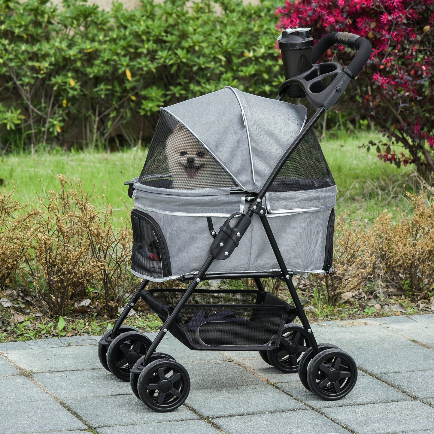 PawHut Pet Stroller No-Zip Foldable Travel Carriage with Brake Basket Adjustable Canopy