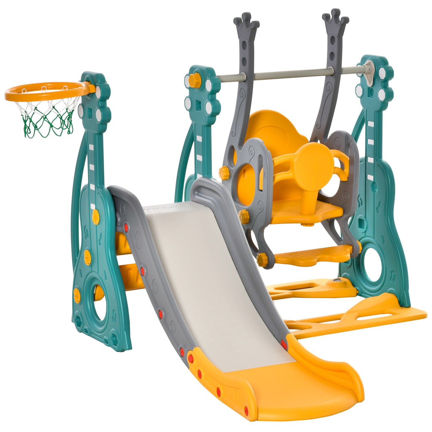 HOMCOM 3-IN-1 Kids Swing and Slide Set Activity Center w/ Basketball Hoop Slide Swing