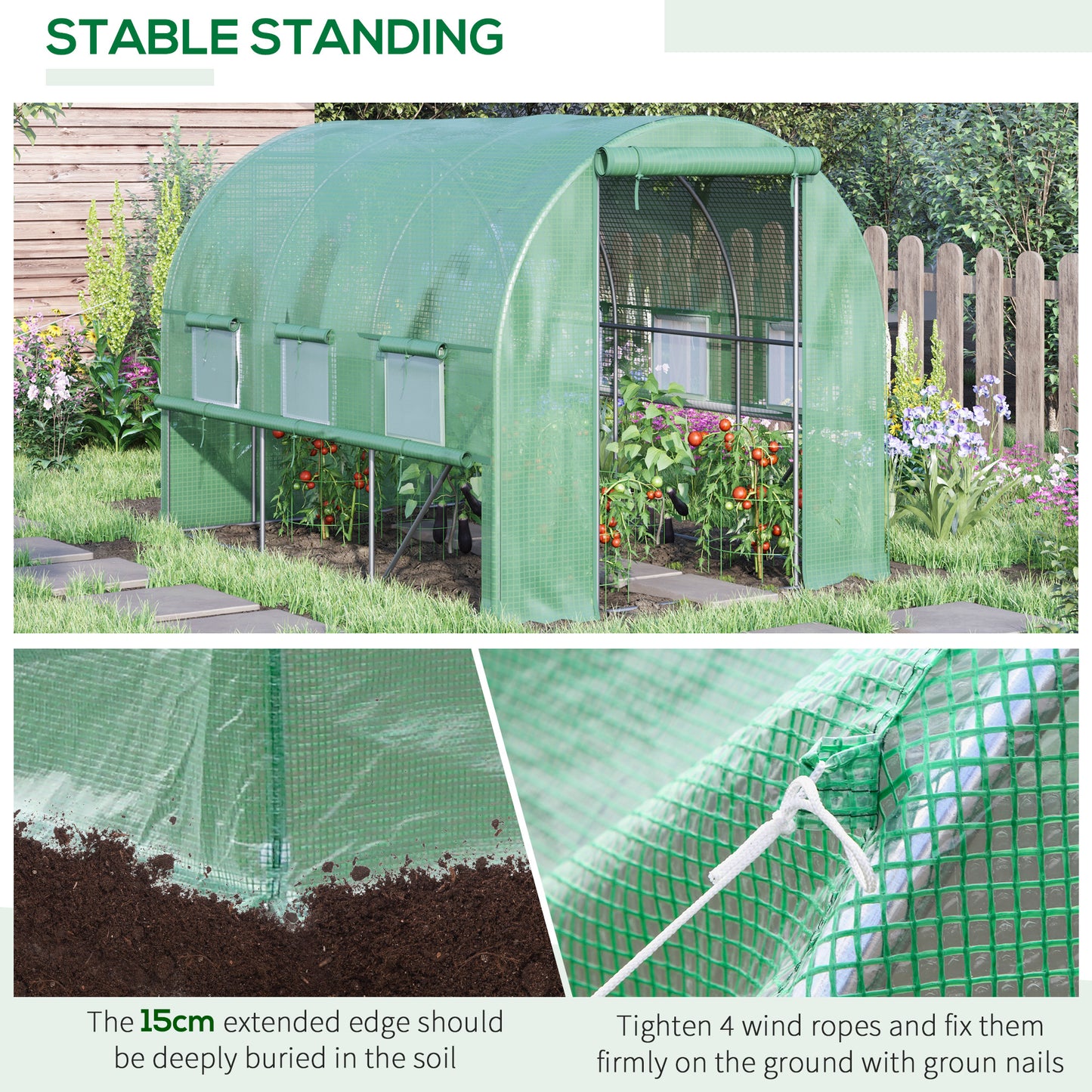 Outsunny Walk In Greenhouse Garden Polytunnel with PE Cover Zipped Roll Up Door and 6 Mesh Windows 3x2x2m Green