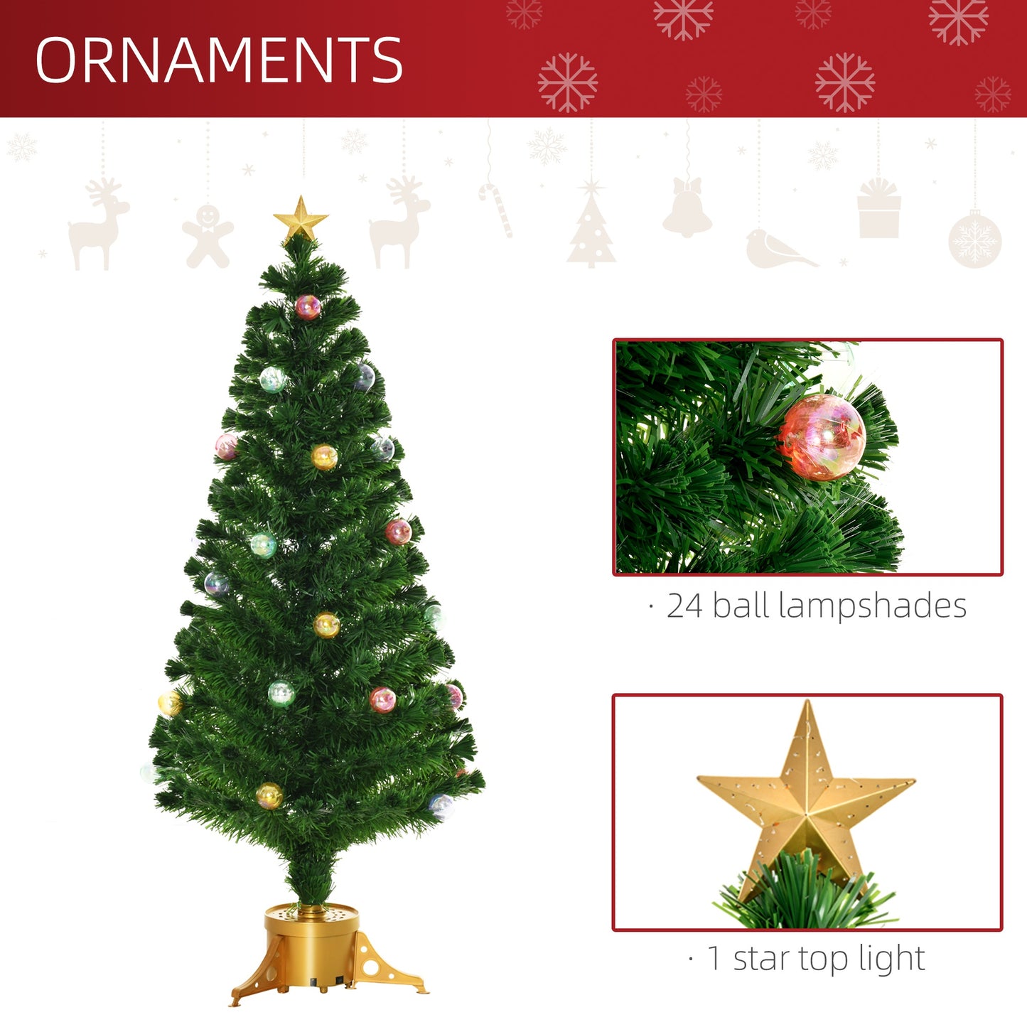 HOMCOM 5FT Prelit Artificial Christmas Tree Fiber Optic Xmas Tree w/ Golden Stand