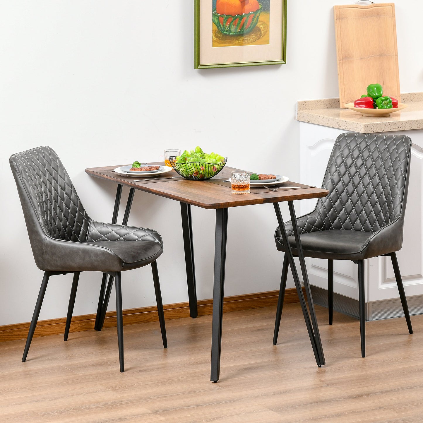 HOMCOM Retro Dining Chair Set of 2, PU Leather Upholstered Side Chairs with Metal Legs
