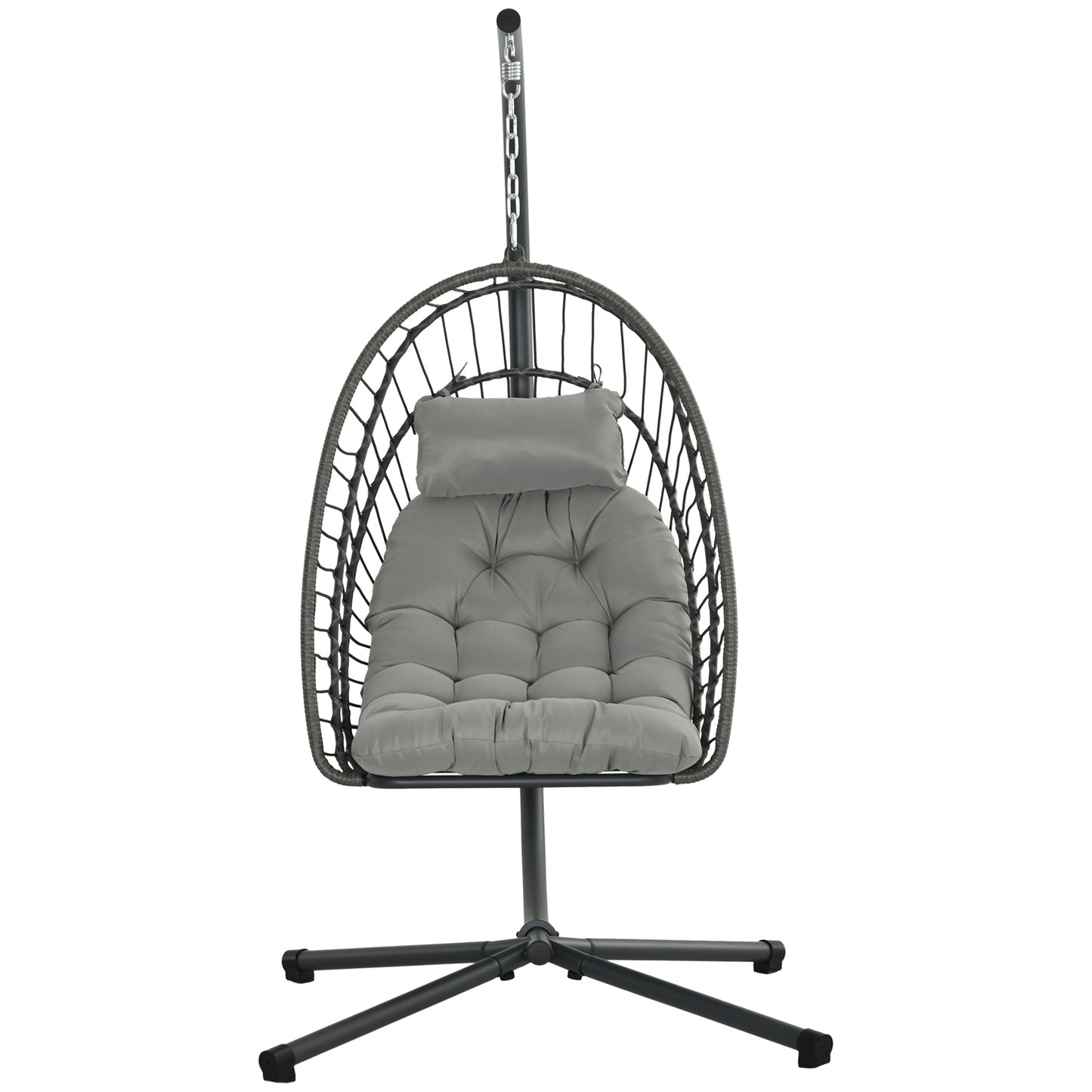 Outsunny Outdoor PE Rattan Swing Chair with Cushion, Garden Foldable Basket Patio Hanging Egg Chair with Metal Stand, Headrest, for Indoor and Outdoor, Light Grey