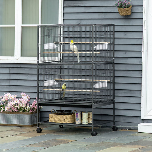 PawHut Large Bird Cage Budgie Cage for Finch Canaries Parakeet with Rolling Stand, Slide-out Tray, Storage Shelf, Food Containers, Dark Grey