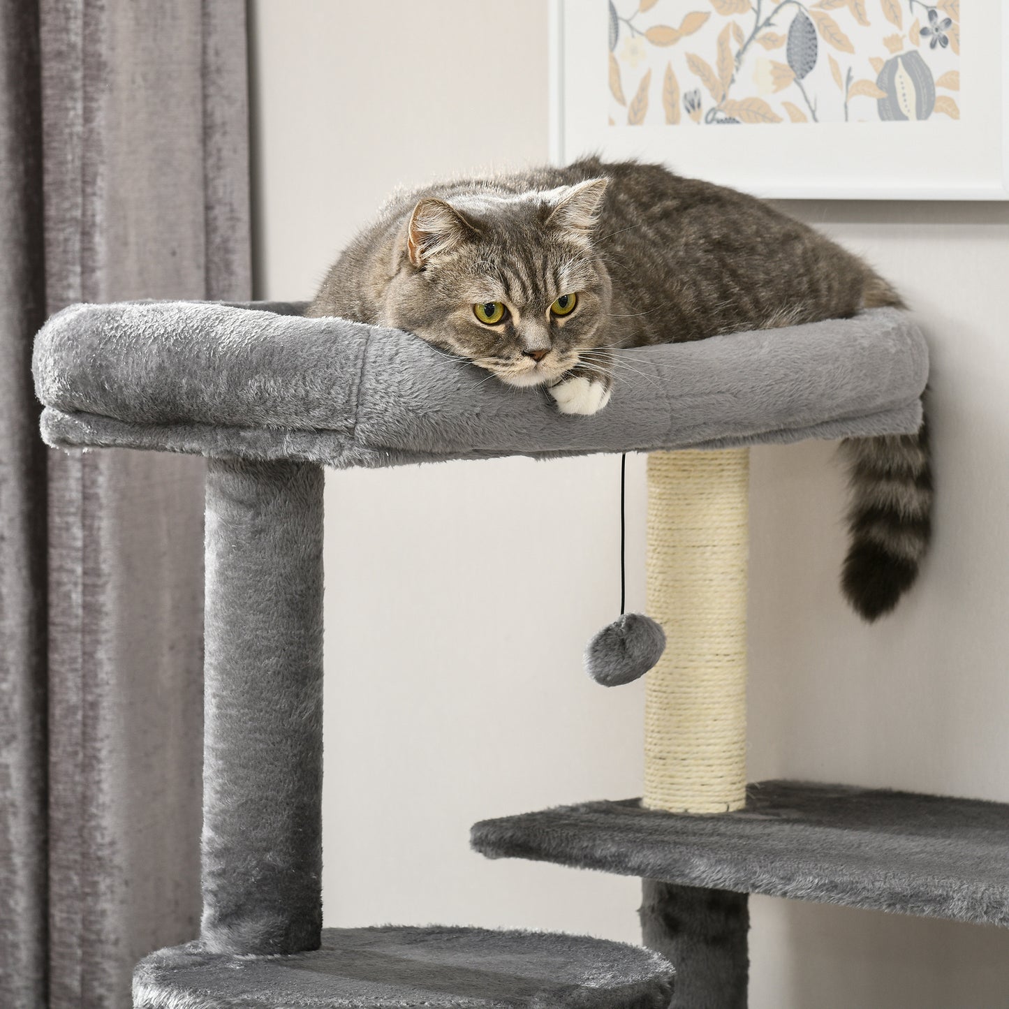 PawHut Cat Tree Tower for Indoor Cats, with Scratching Post, Cat House, Toy, Grey