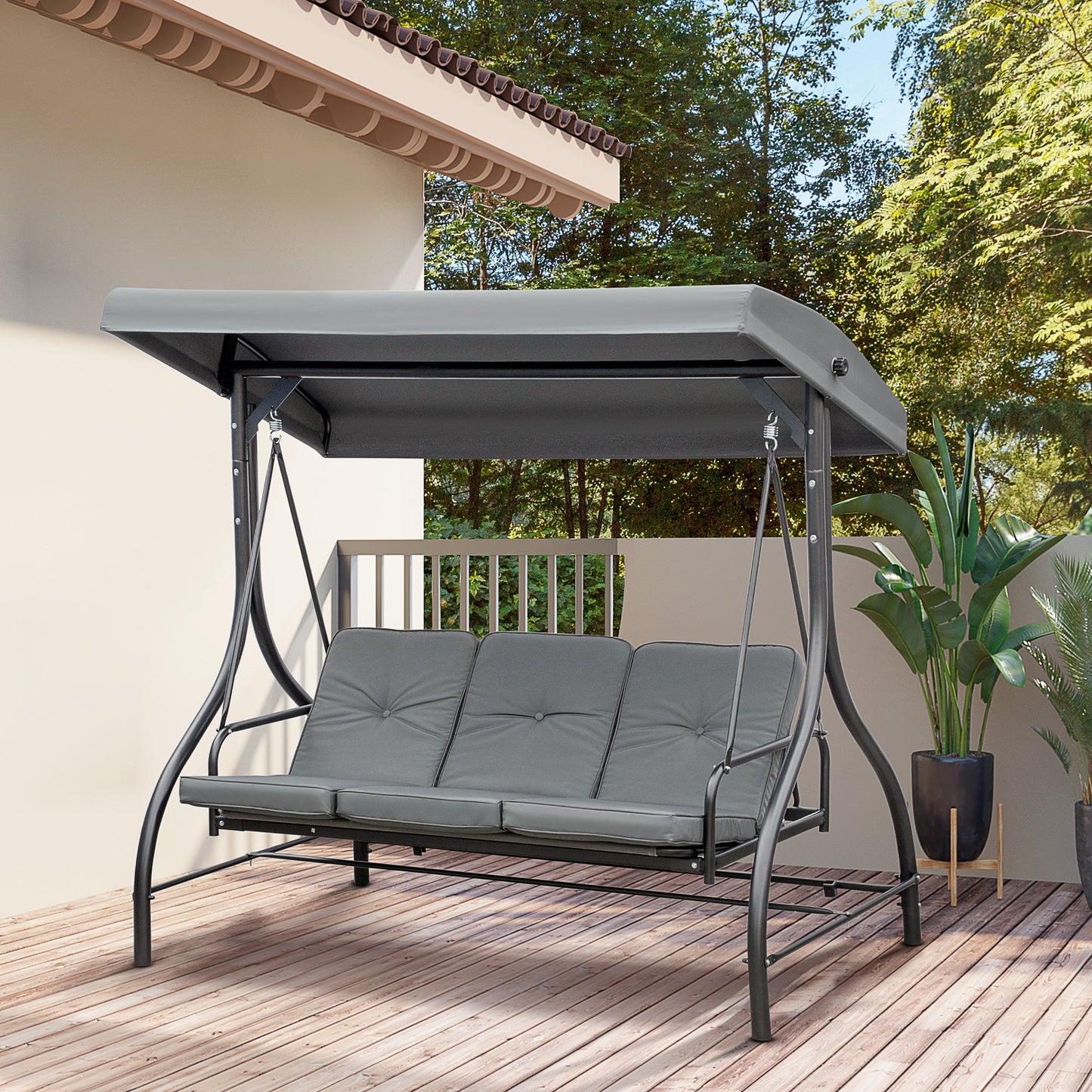 Outsunny Three-Seater Garden Swing, with Adjustable Canopy - Dark Grey