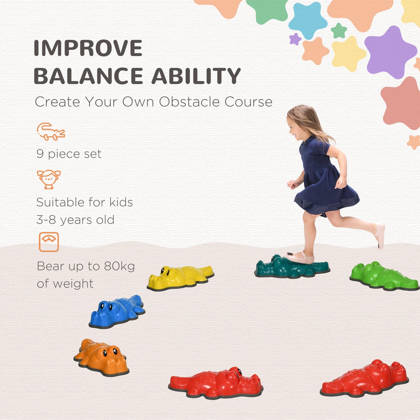 ZONEKIZ 9PCs Kids Stepping Stones CrocodileDesigned Sensory Toys with AntiSlip Edge Balance River Stones