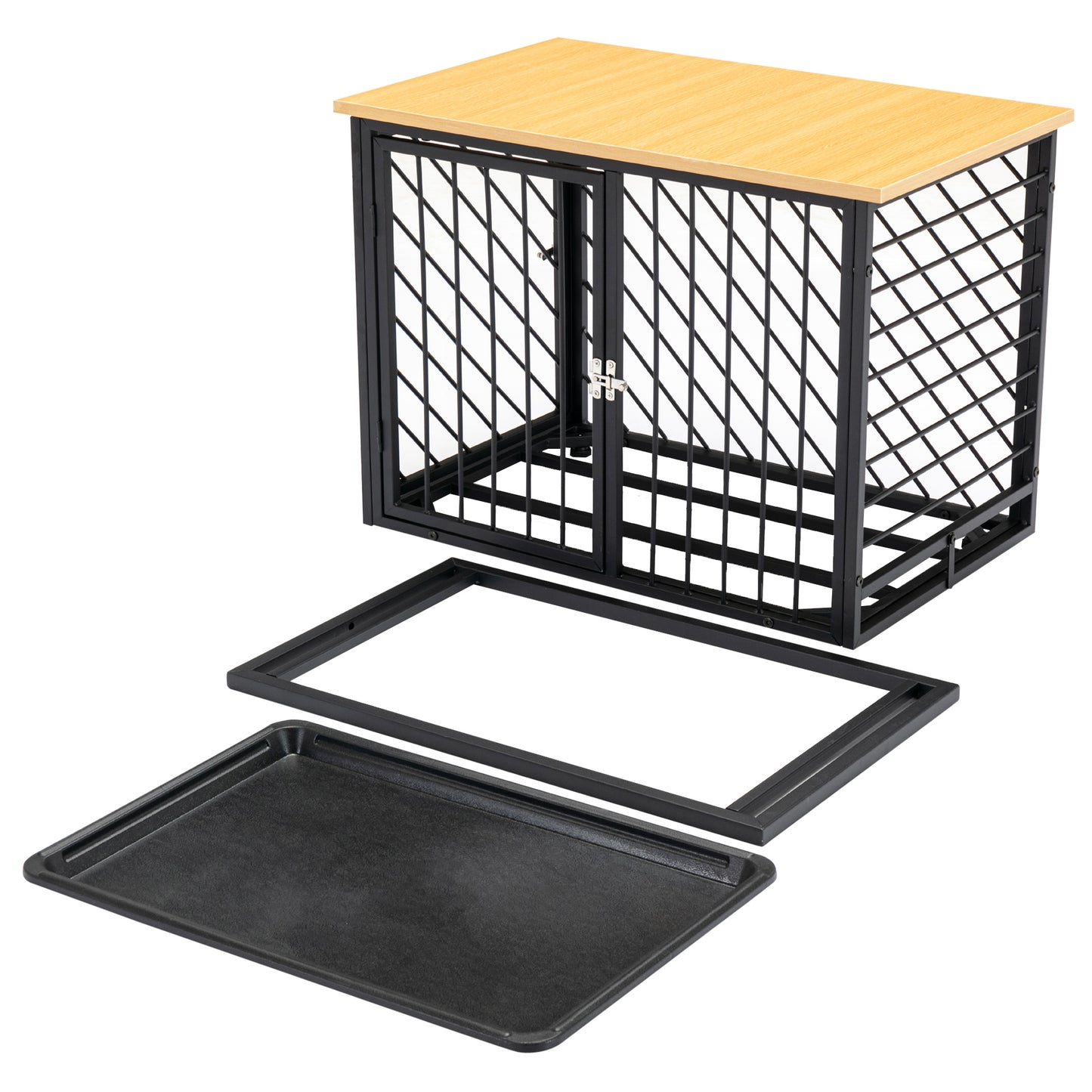 PawHut  Steel Dog Crate Small Medium Dog Kennel Two Doors Tray Wooden Top Pet Cage 76L x 48W x 53H cm, Black