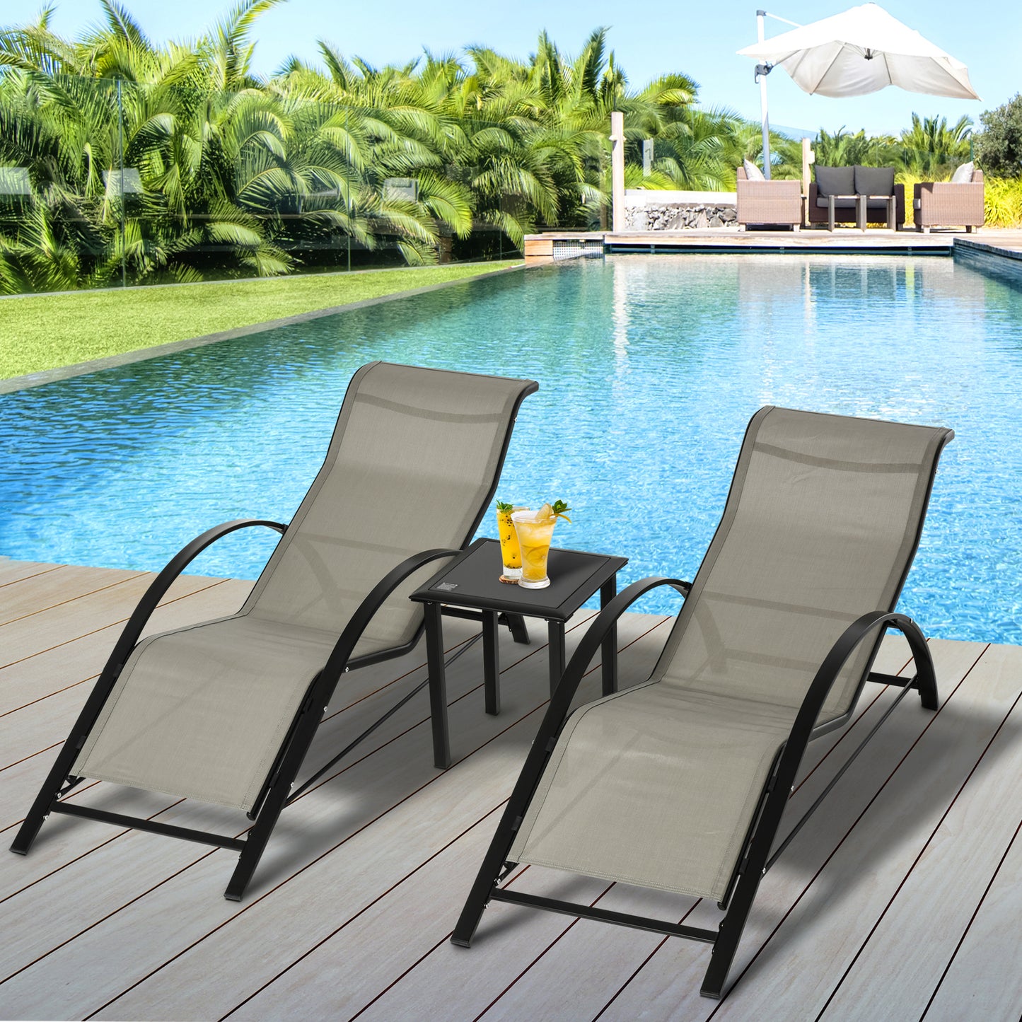 Outsunny 3 Pieces Patio Lounge Chair Set PE Rattan Wicker Beach Yard Garden Sunbathing Chair with Table, Grey Table