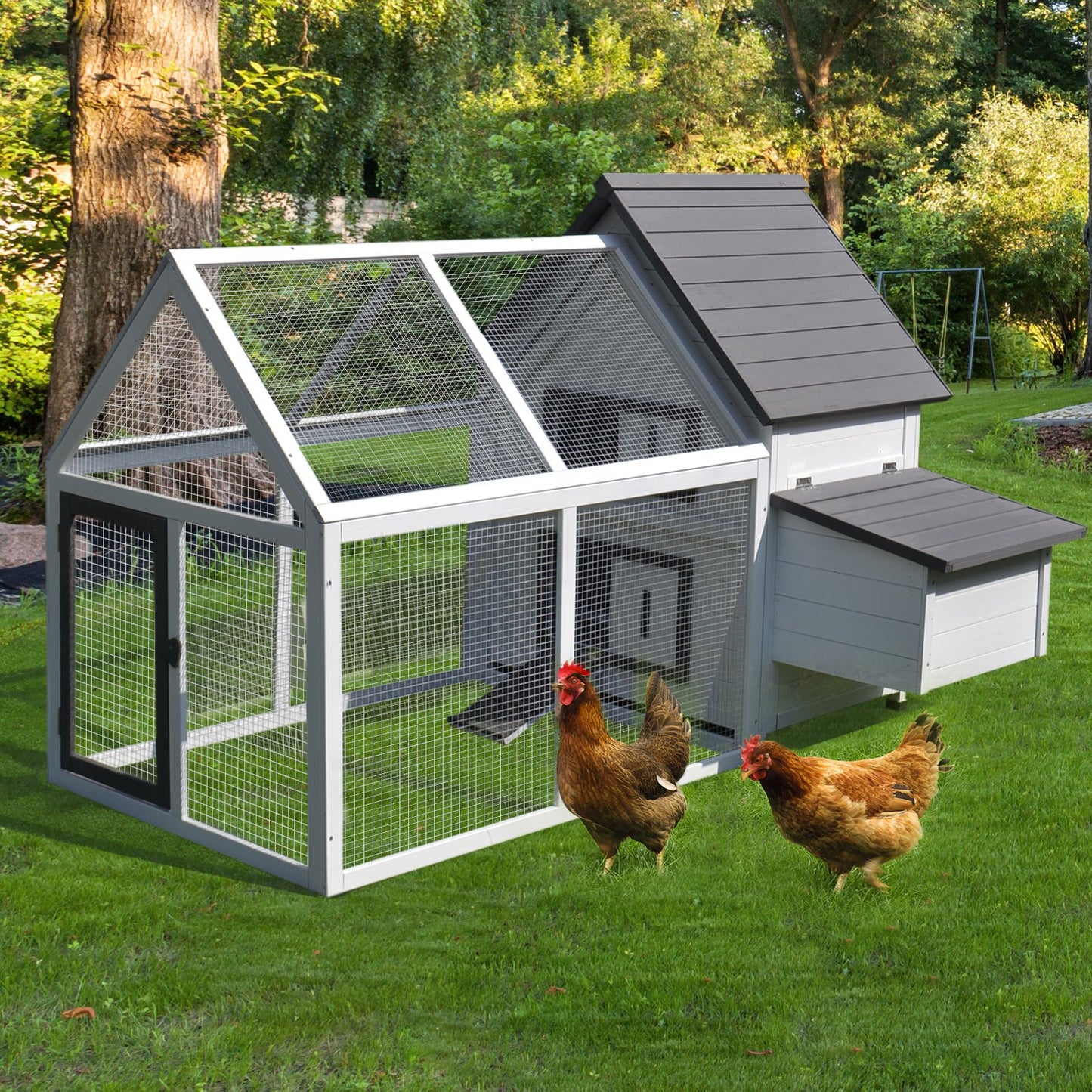 PawHut Wood Chicken Coop Pet Poultry Chicken House Backyard with Nesting Box Ramp Run