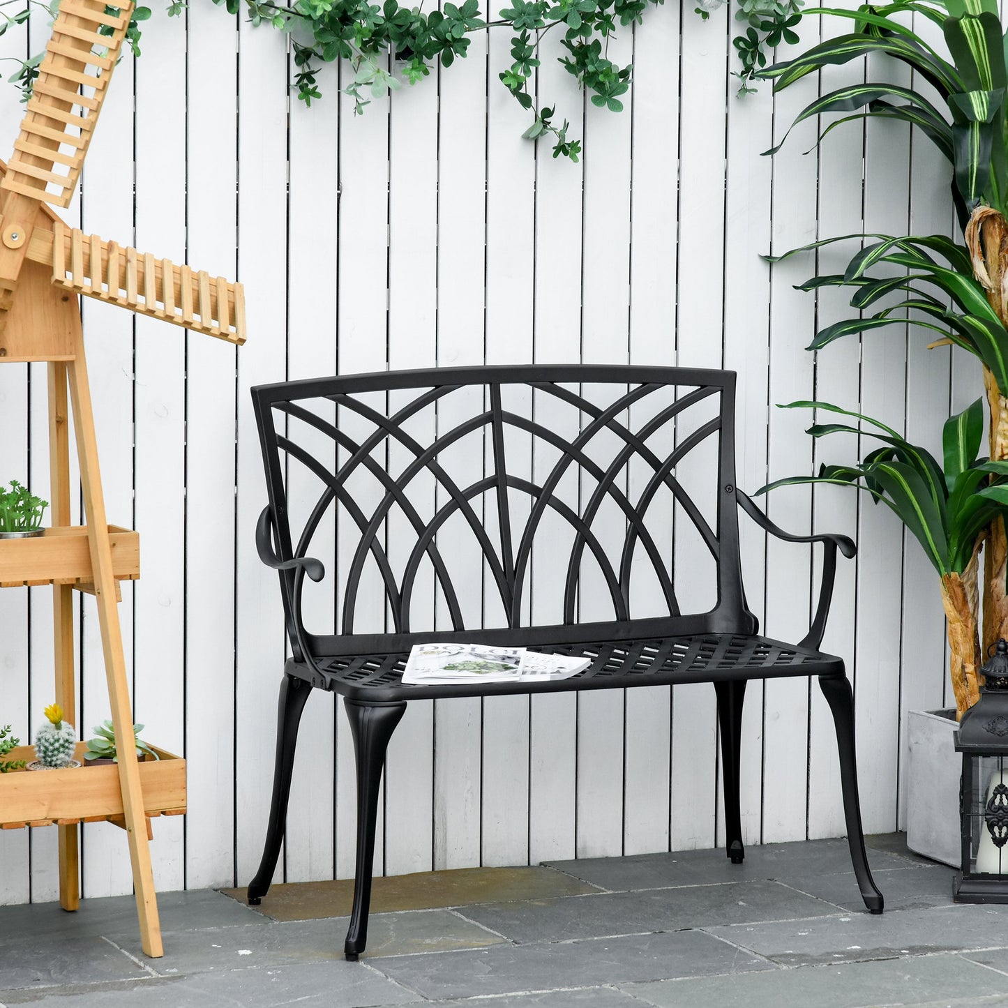 Outsunny 2-Seater Aluminium Garden Bench Decorative Patio Loveseat Ergonomic Armrest