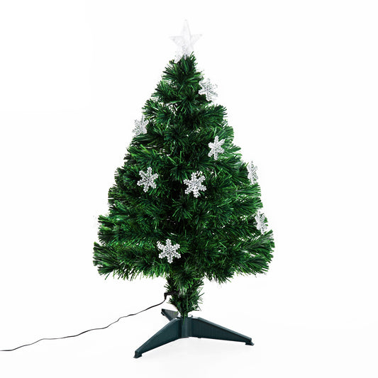 HOMCOM 3ft 90cm Green Fibre Optic Artificial Christmas Tree W/ Snowflakes Lights