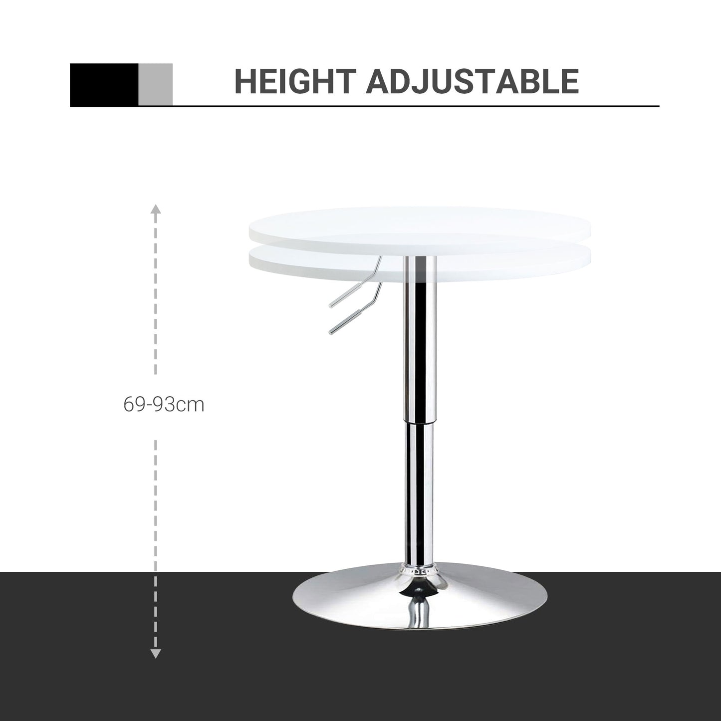 HOMCOM Bar Table Φ60cm Adjustable Height Round Bistro Table w/ Swivel Top Metal Frame Counter Surface Stylish Kitchen Conservatory White