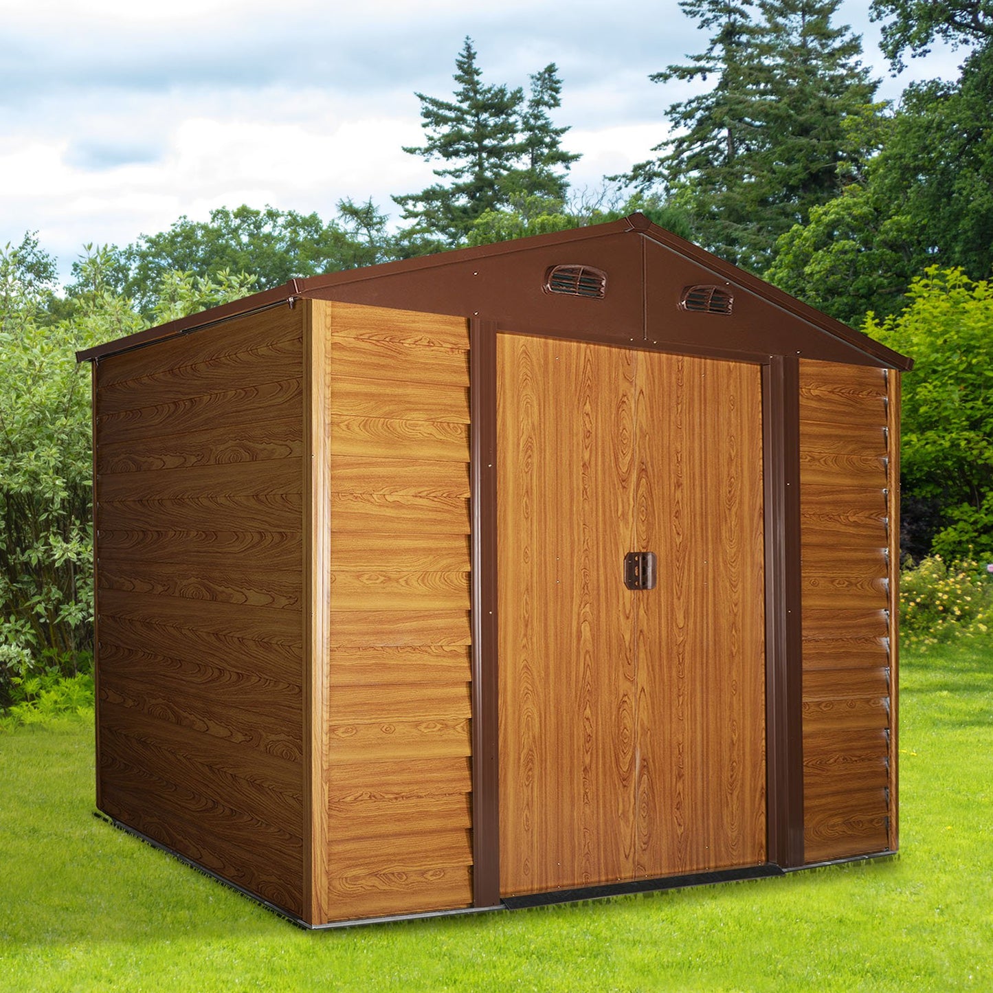 Outsunny 6.3 x 9.1ft Slatted Steel Wood Effect Garden Shed - Brown