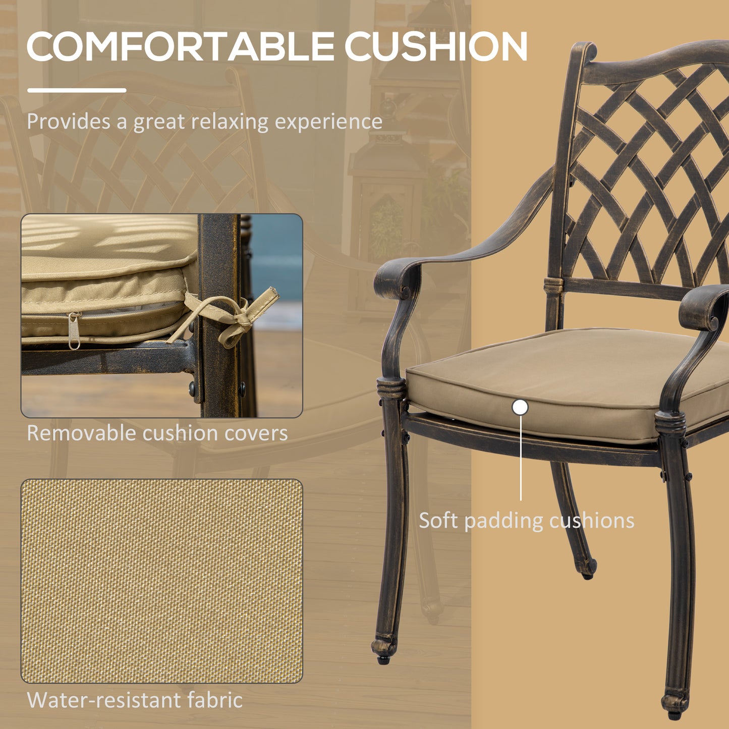 Outsunny 6-Seater Patio Dining Set with Umbrella Hole, Cast Aluminum Patio Furniture Set with Six Cushioned Chairs and Rectangle Dining Table, for Garden, Lawn, Deck, Bronze