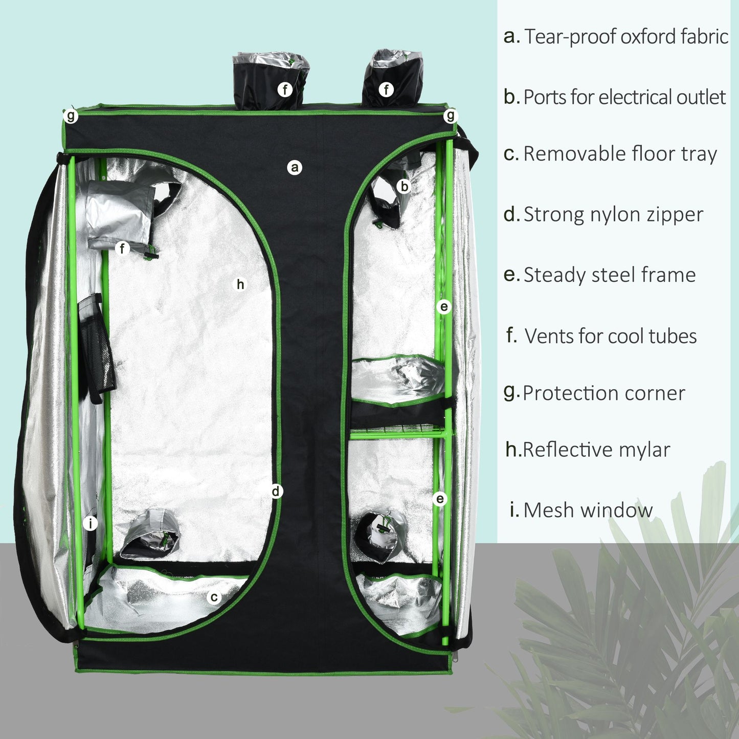 Outsunny Mylar Hydroponic Grow Tent with Vents and Floor Tray for Indoor Plant Growing