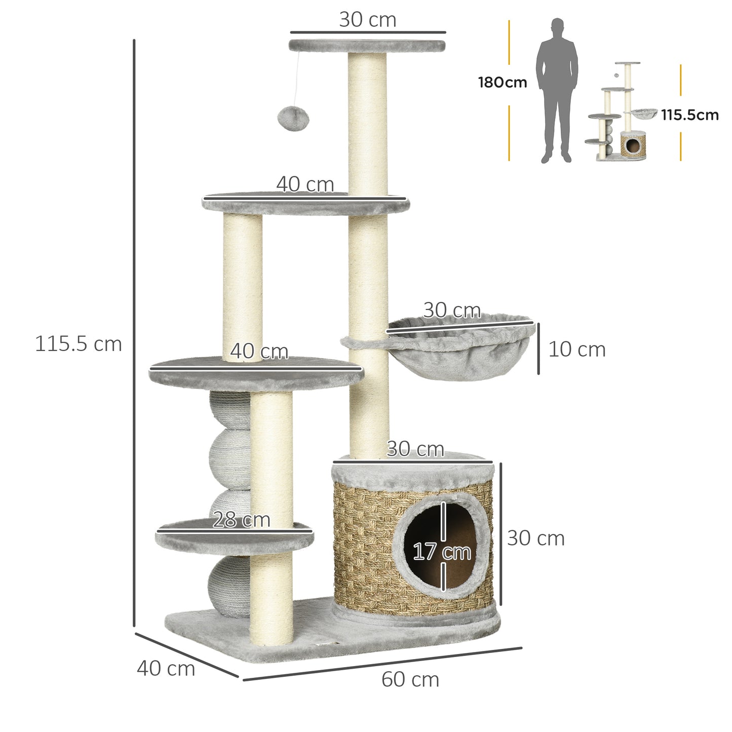 PawHut Cat Tree, 115cm Cat Climbing Tower, kitten Activity Centre with Fluffy House and Hammock, Light Grey