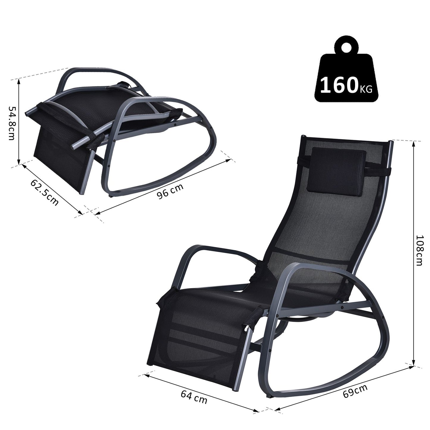 Outsunny Metal Frame Zero Gravity Rocking Patio Chair w/ Pillow Black