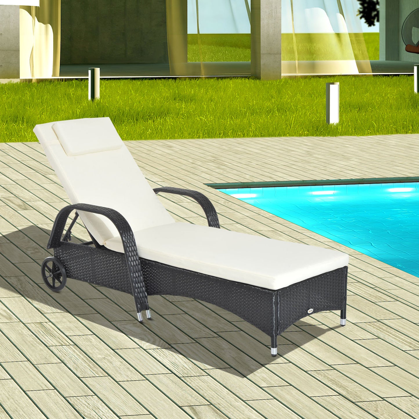 Outsunny Adjustable Steel Frame Rattan Sun Lounger, 200Lx73Wx56-103H cm-Black