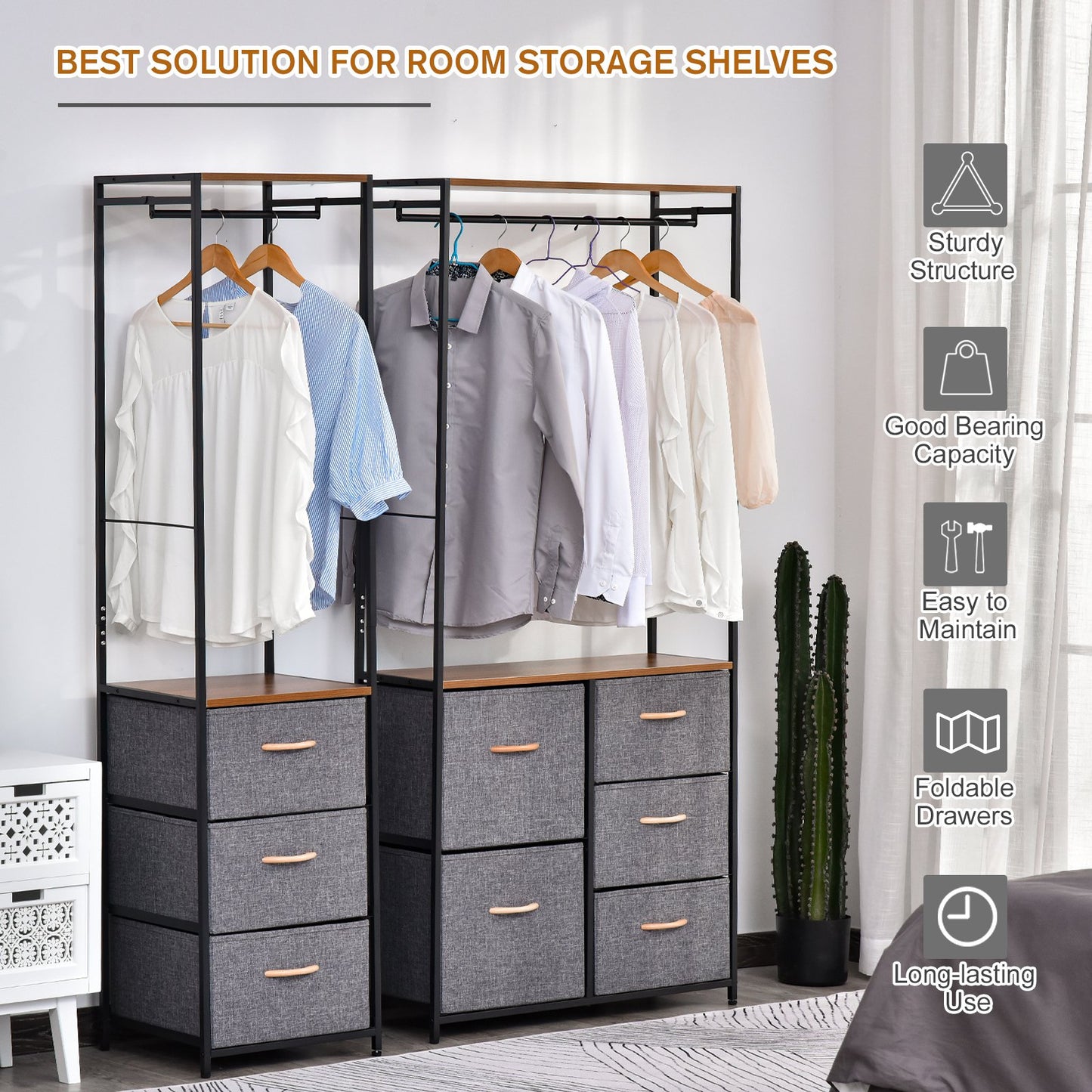 HOMCOM 175x83cm Freestanding Clothes Hanger Storage Steel Frame 5 Drawers Handles Shelf